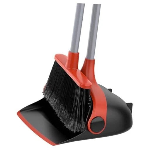 Broom and Dustpan Set with Long Handle, Stand Upright Broom with Black & Red