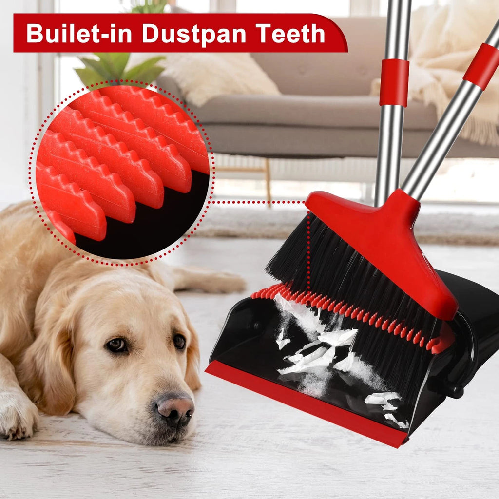 Upright Broom and Dustpan Set 55" Long Handle Indoor Sweep Red Home Office