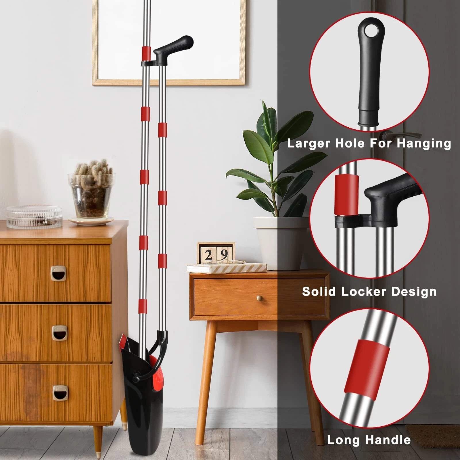 Upright Broom and Dustpan Set 55" Long Handle Indoor Sweep Red Home Office