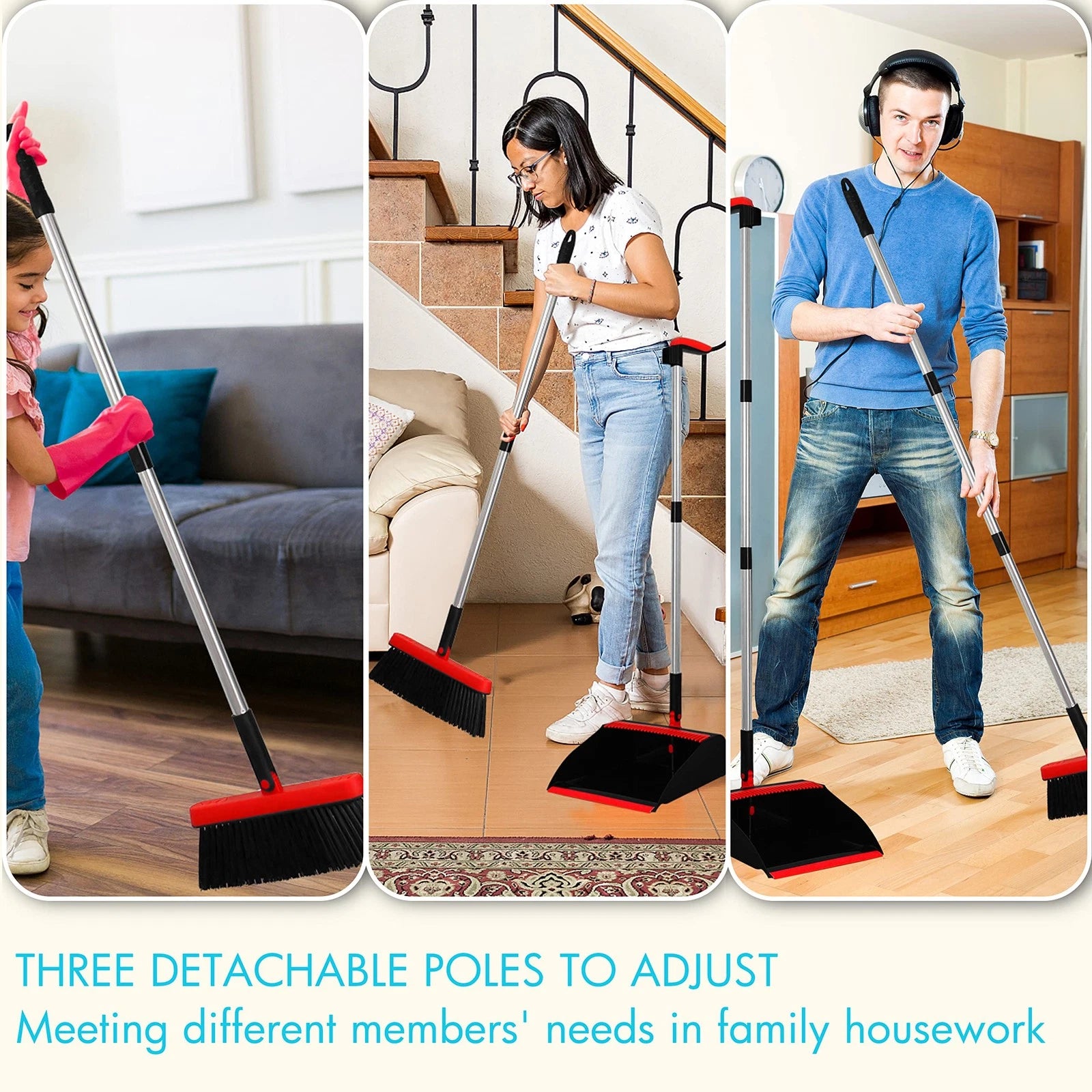 2-Pack Broom and Dustpan Combo Set, with 48" Adjustable Long Stainless Handle...