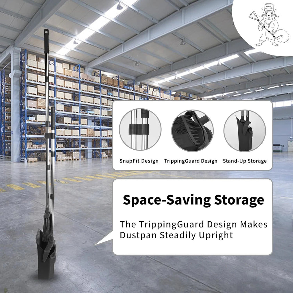 Heavy Duty 3-Pack Broom with Long Handles and Smart Dustpan - Time-Saving Design