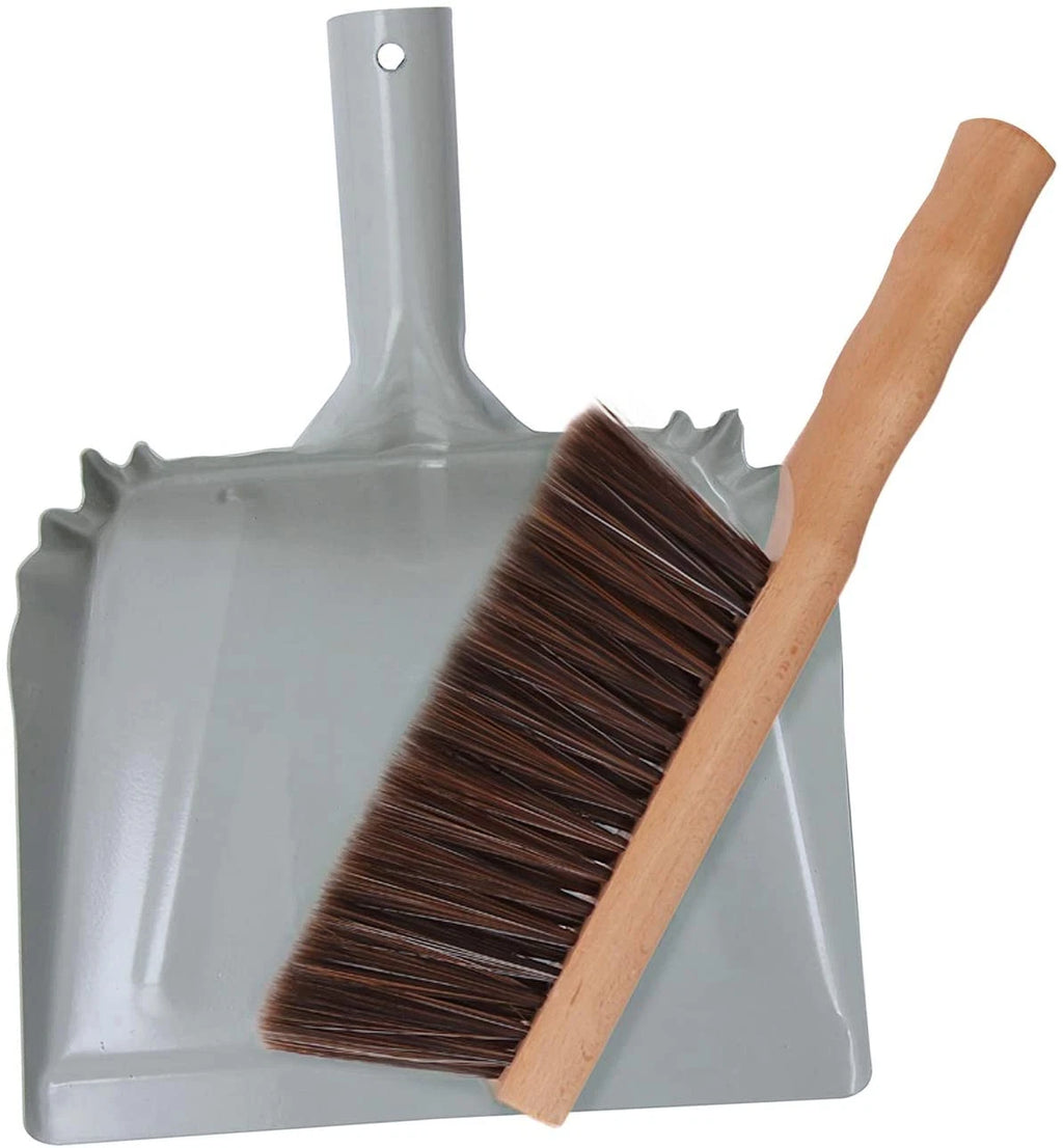 Heavy Duty Metal Dust Pan and Brush Set Wooden Broom Portable Cleaning Tools