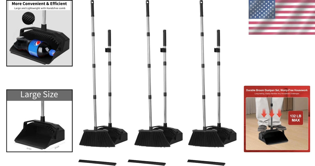 Heavy Duty 3-Pack Broom with Long Handles and Smart Dustpan - Time-Saving Design