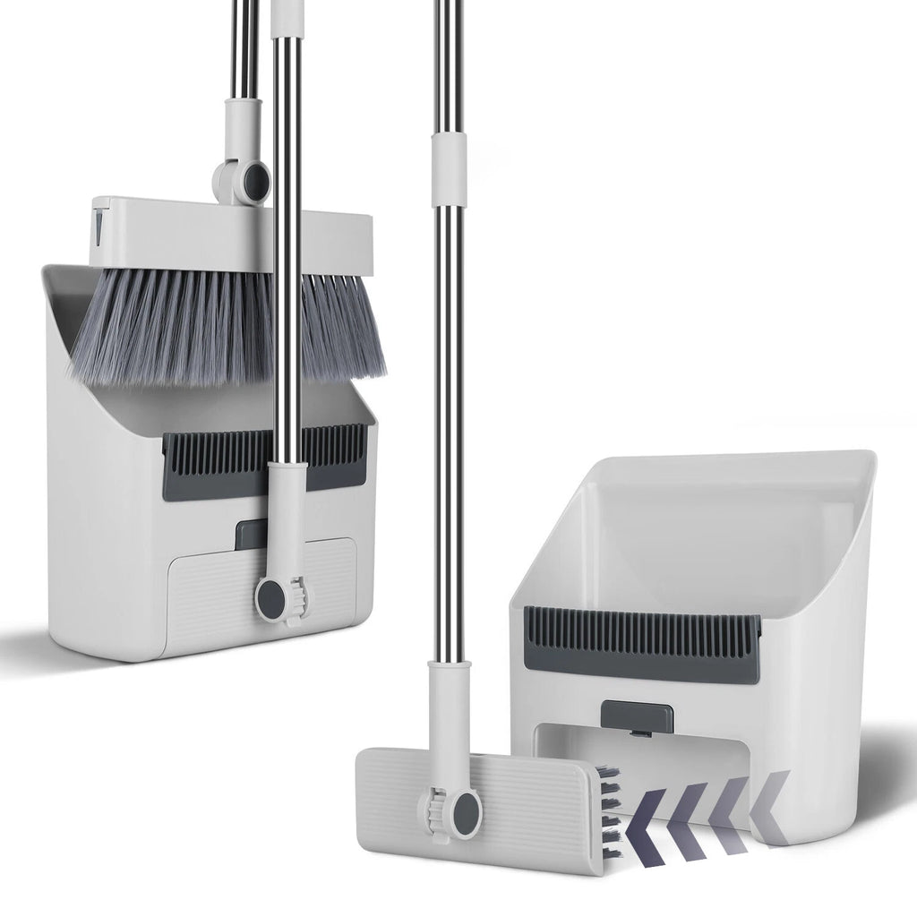 Broom & Dustpan Set W/ Squeegee for Home Upgrade 4 In 1 Upright Stand Up DustPan