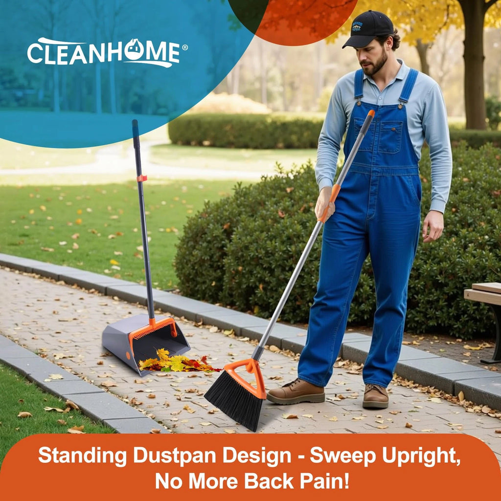 Heavy Duty Outdoor Broom & Dustpan Set Long Handle Split-End Bristles