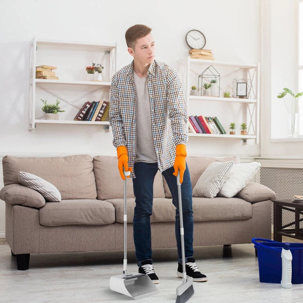 Heavy Duty Broom And Dustpan Combo Set W/ Squeegee Stylish Grey Handle Perfect