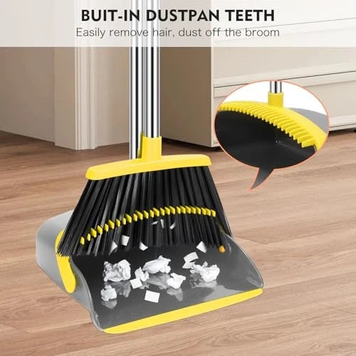 Broom and Dustpan Set, 55-in Long Adjustable Handle Broom Dustpan Grey Yellow