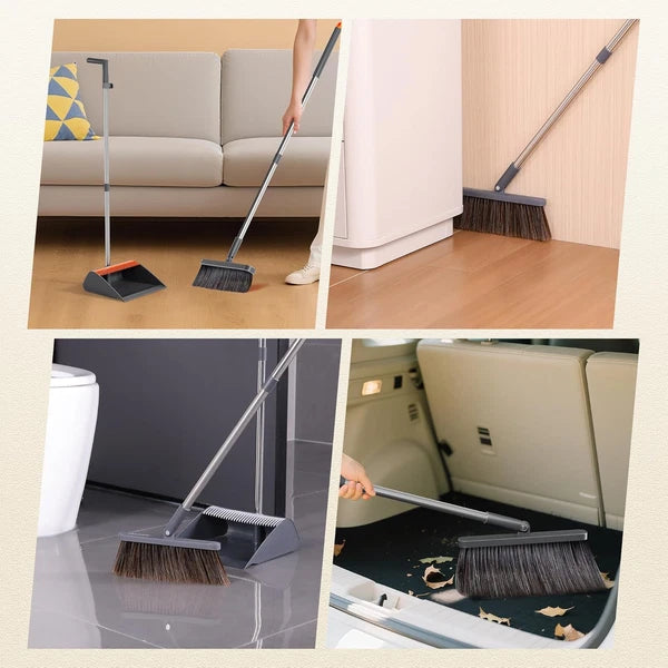 Broom and Dustpan Set with Cleaning Teeth 180° Rotating Upright Broom for Effort