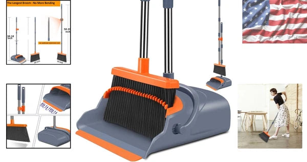 Innovative Upright Broom and Dustpan with Self-Cleaning Teeth for Efficiency