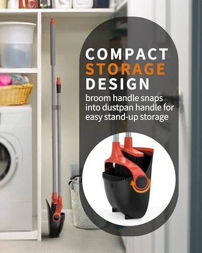 Broom and Dustpan Set with Long Handle, Stand Upright Broom with Black & Red