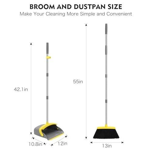 Broom and Dustpan Set, 55-in Long Adjustable Handle Broom Dustpan Grey Yellow