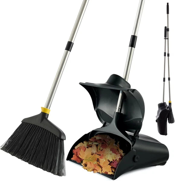 Outdoor Broom Dustpan Set Long Handle Commercial Upright Standing Dust Pan Cover