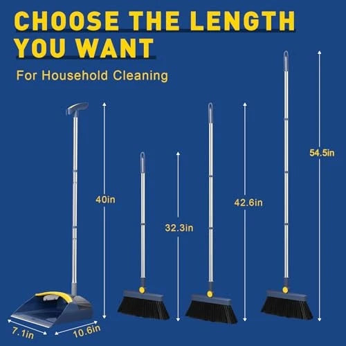 Broom with Dustpan Combo Set, 55" Long Adjustable Handle Broom and Dustpan Blue