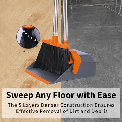 Broom and Dustpan Set with 5'' Long Handle, Upright Broom and 1 Orange and Grey