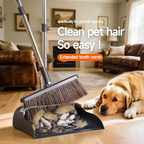 Broom with Dustpan, 51.6" Adjustable Long Handle with 2 Replaceable Broom