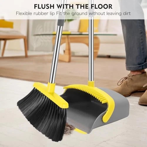 Broom and Dustpan Set, 55-in Long Adjustable Handle Broom Dustpan Grey Yellow
