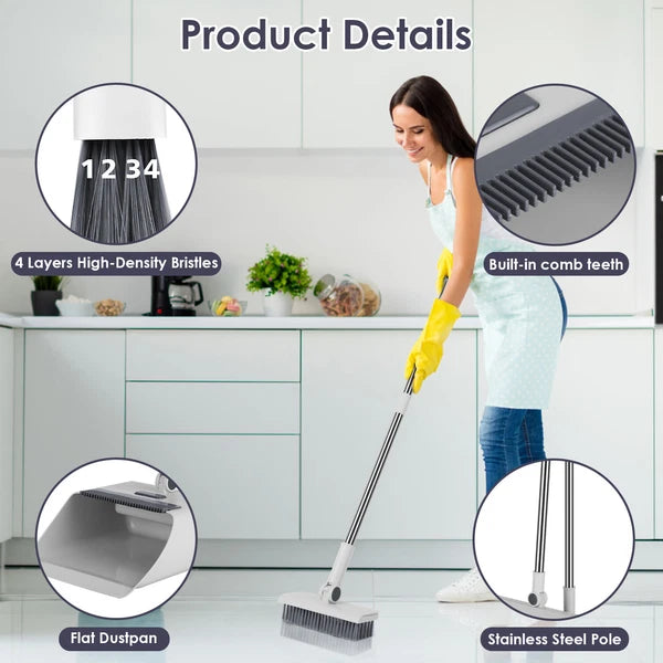Heavy Duty Broom And Dustpan Combo Set W/ Squeegee Stylish Grey Handle Perfect
