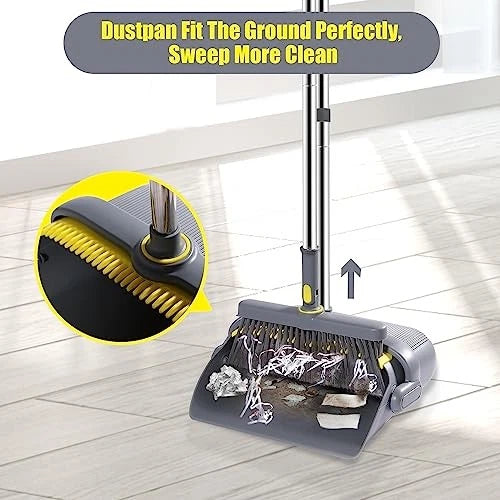 Broom and Dustpan Set with 54" Long Handle, Windproof Stand Up Dustpan with