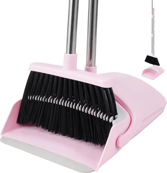 Pink Broom and Dustpan Set, 52” Long Adjustable Handle Broom with Dustpan Com...