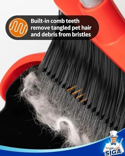 Broom and Dustpan Set with Long Handle, Stand Upright Broom with Black & Red