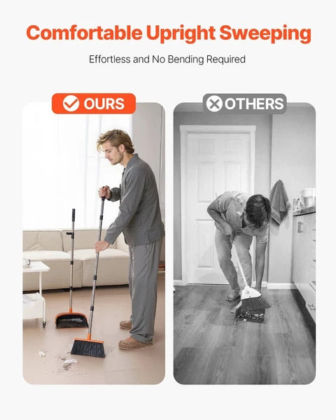 Self-Cleaning Dustpan & Broom Set - Metal Upright Stand, Heavy Duty,Black+Orange