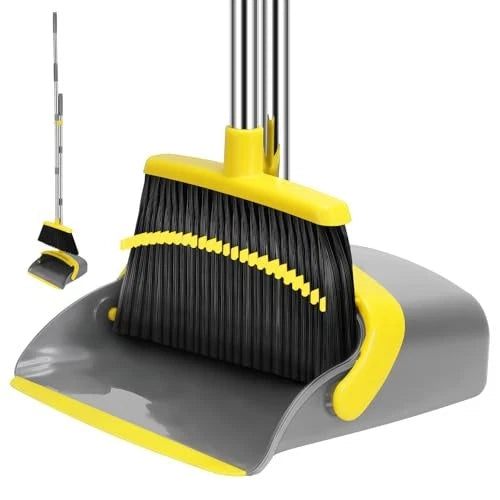 Broom and Dustpan Set, 55-in Long Adjustable Handle Broom Dustpan Grey Yellow