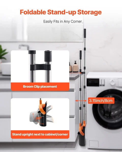Self-Cleaning Dustpan & Broom Set - Metal Upright Stand, Heavy Duty,Black+Orange