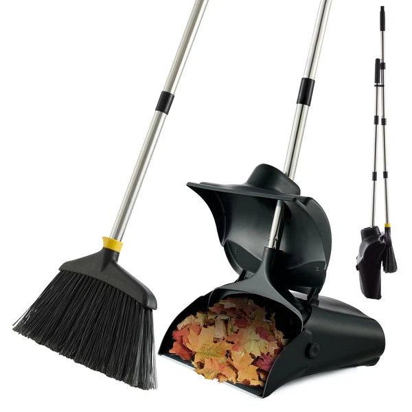 Outdoor Broom and Dustpan Set with Long Handle Windbreak Cover Upright Pan