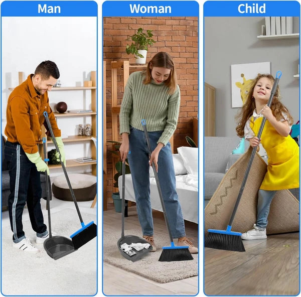 Broom and Dustpan Set ，Long Handle Broom with Upright Standing Dust Pan for Indo