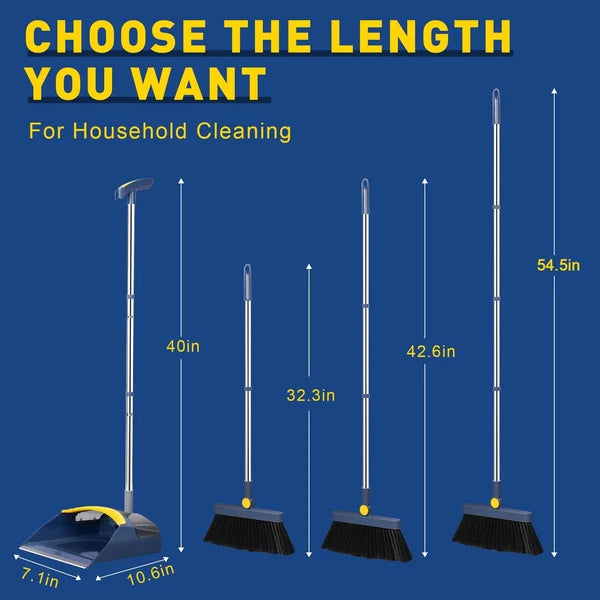 Broom Dustpan Combo Set 55in Adjustable Handle with Teeth Pet Hair Home Kitchen