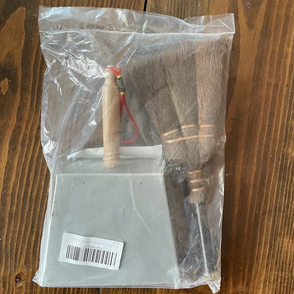 Mini Metal Dustpan Brush Set Natural Bristle Hand Broom Fireplace Woodstove