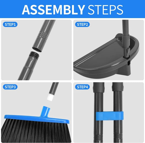 Broom and Dustpan Set ，Long Handle Broom with Upright Standing Dust Pan for Indo
