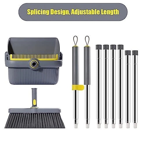 Broom and Dustpan Set with 54" Long Handle, Windproof Stand Up Dustpan with