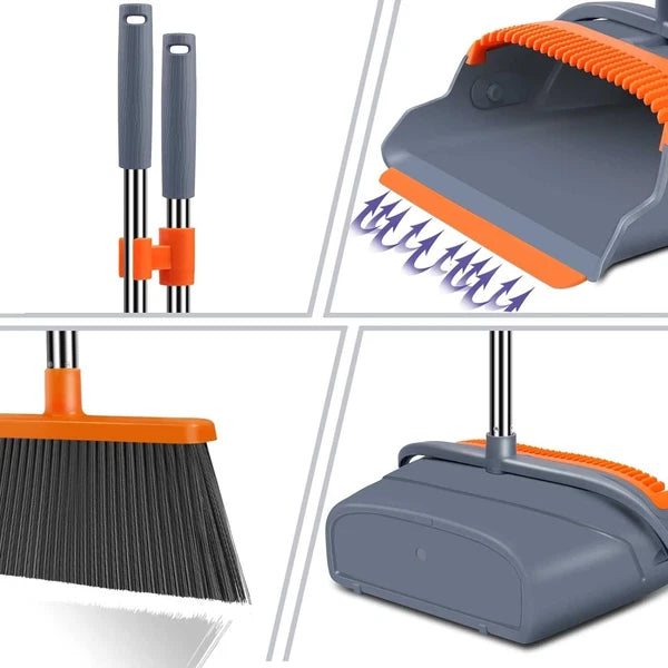Innovative Upright Broom and Dustpan with Self-Cleaning Teeth for Efficiency