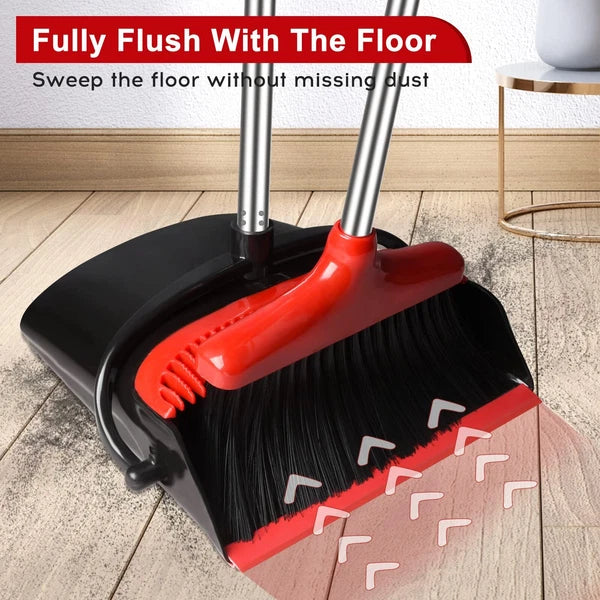 Upright Broom and Dustpan Set 55" Long Handle Indoor Sweep Red Home Office