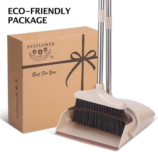 Long Handle Broom and Dustpan Set Lightweight Stainless Steel Brown Beige