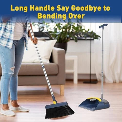 Broom with Dustpan Combo Set, 55" Long Adjustable Handle Broom and Dustpan Blue