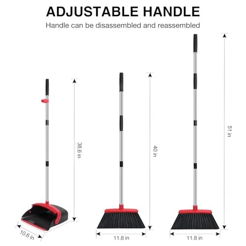 Broom and Dustpan Set, 52-in Long Adjustable Handle Broom Medium Black Red