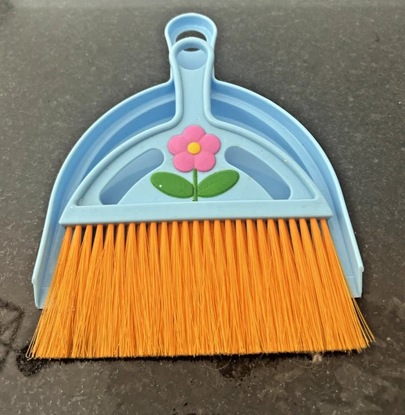 Kids Broom and Dustpan Set Mini Toy Cleaning Flower Design 9" Blue & Orange