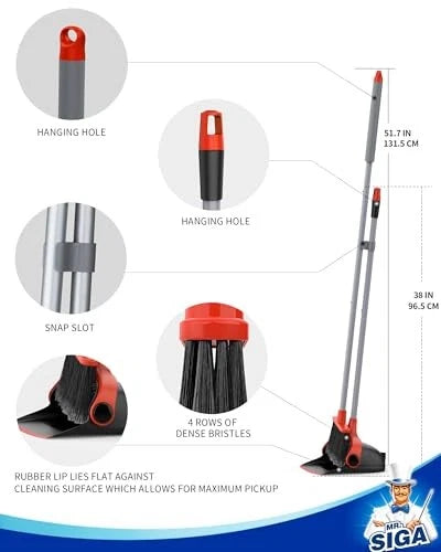 Broom and Dustpan Set with Long Handle, Stand Upright Broom with Black & Red
