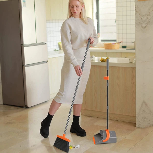 Broom and Dustpan Set, Long Handle, Indoor & Outdoor, Gray & Orange