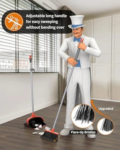 Broom and Dustpan Set with Long Handle, Stand Upright Broom with Black & Red