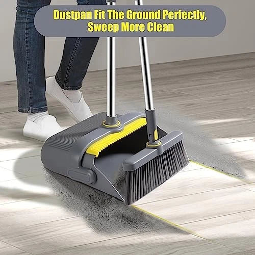 Broom and Dustpan Set with 54" Long Handle, Windproof Stand Up Dustpan with