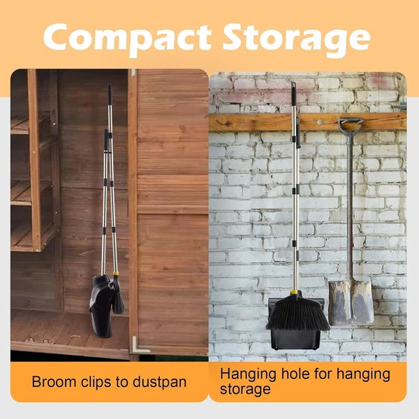 Outdoor Broom and Dustpan Set with Long Handle, Commercial Upright Standing Dust