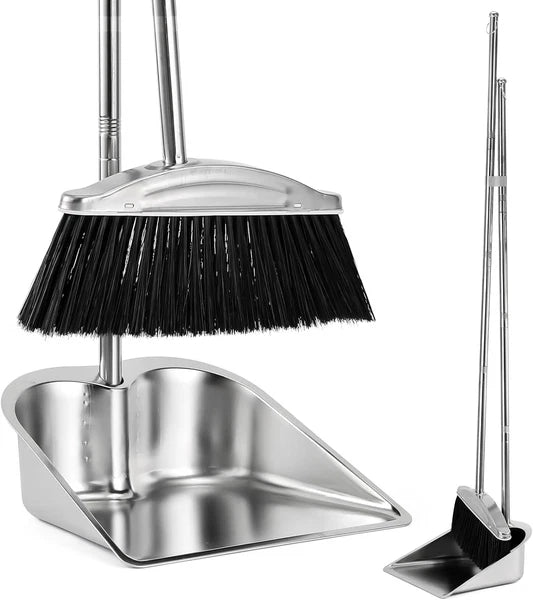VOOWO 46" Stainless Steel Broom and Dustpan Set for Indoor and Outdoor Use