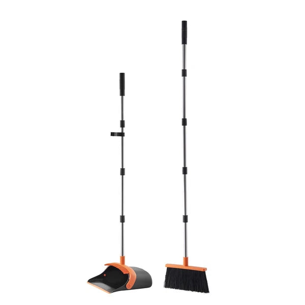 Self-Cleaning Dustpan & Broom Set - Metal Upright Stand, Heavy Duty,Black+Orange