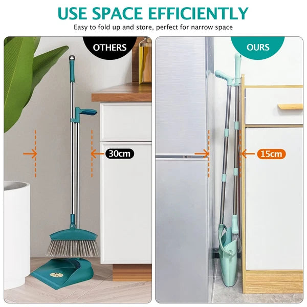 Long Handle Broom and Dustpan Set 55-Inch for Indoor Cleaning Bluish Green