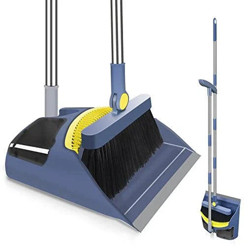 Broom with Dustpan Combo Set, 55" Long Adjustable Handle Broom and Dustpan Blue