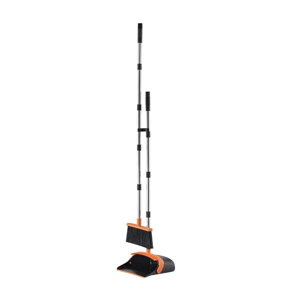 Self-Cleaning Dustpan & Broom Set - Metal Upright Stand, Heavy Duty,Black+Orange
