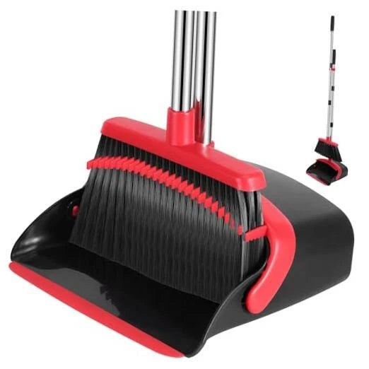 Broom and Dustpan Set, 52-in Long Adjustable Handle Broom Medium Black Red